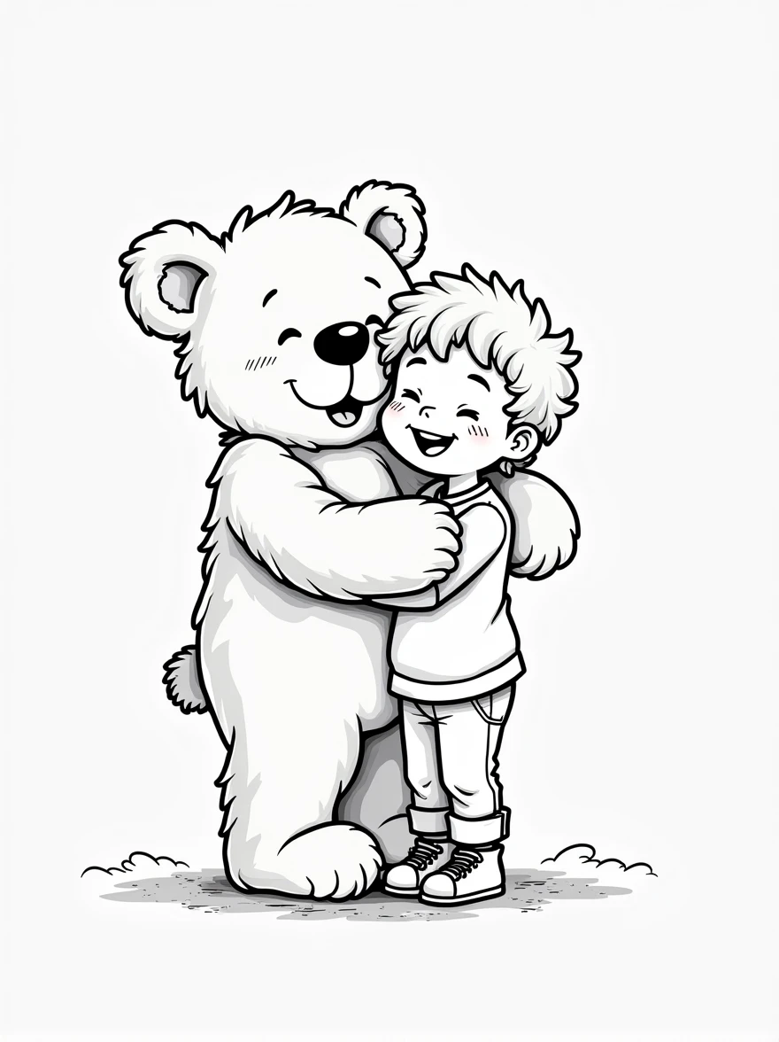 The illustration should be in [SUPER SIMPLE], black and white, cold line art with a clear, mostly empty background. [INCLUDES ONLY OUTLINES WITH NO FILLED IN BLACK AREAS], ensuring no shading, no complex images, and making it very easy to color in between the lines. A happy boy with curly hair, holding a big teddy bear.