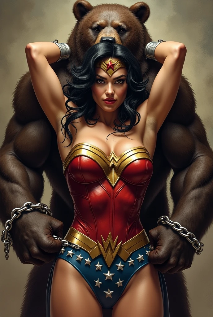 1wonder woman, 1gargantua, gargantua bearhug wonder woman behind, red corset, blue skit, arms up, shackles, bondage, firm expression, helpless