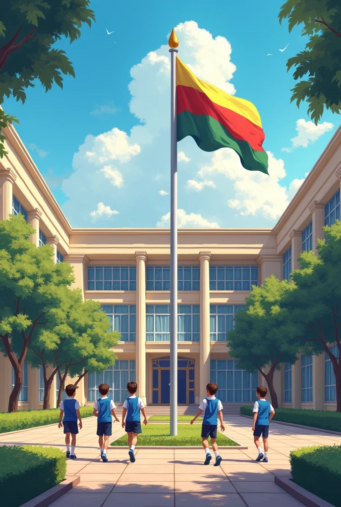 A school with a light blue flag and the Bolivian flag and boys walking