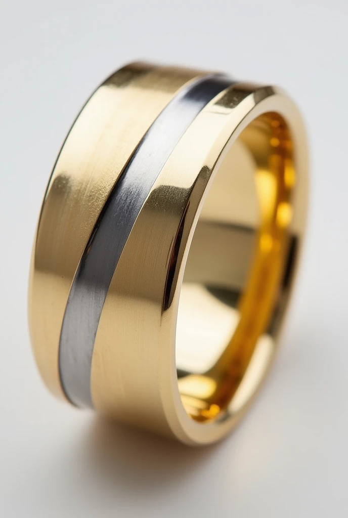 I want to modify my current wedding ring, which is currently a classic and gold model. I want it to have 2 small applications that symbolize my 2 children. That the applications are made of another material. Let the final ring have a masculine style, Modern and elegant. The applications can be 2 lines diagonally to the ring in silver or black. 