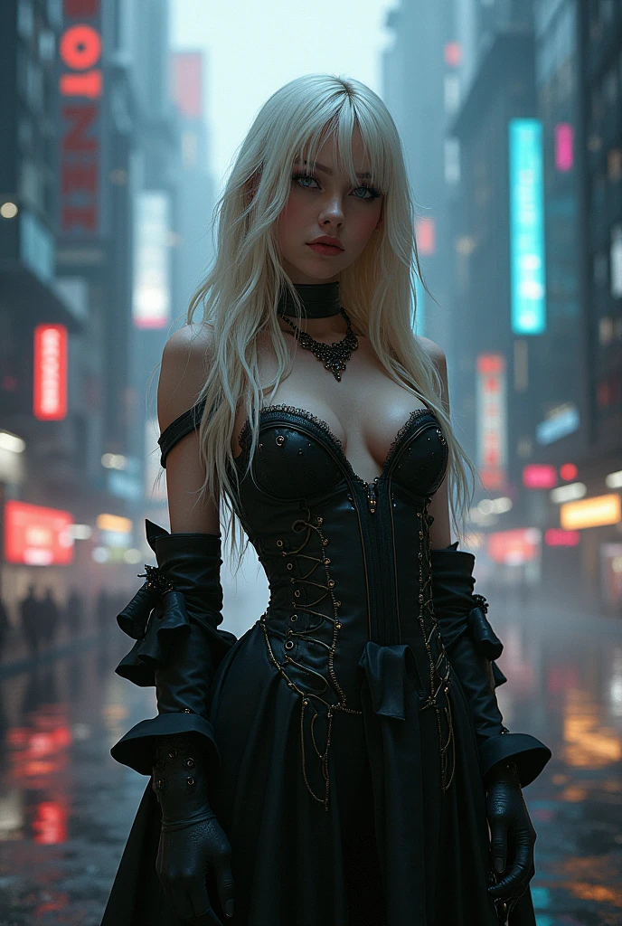 Gothic woman, blonde, background cyberpunk city, sexly