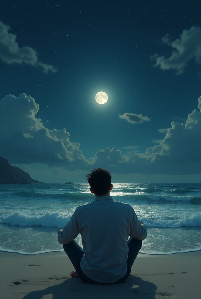 I want a picture of a man sitting on the beach, with waves from the sea gently crashing onto the beach, thinking about his old lover, and having the moon and stars around.