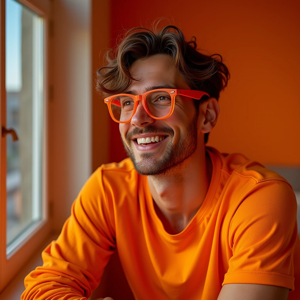 creative man developing his project using vibrant orange glasses
