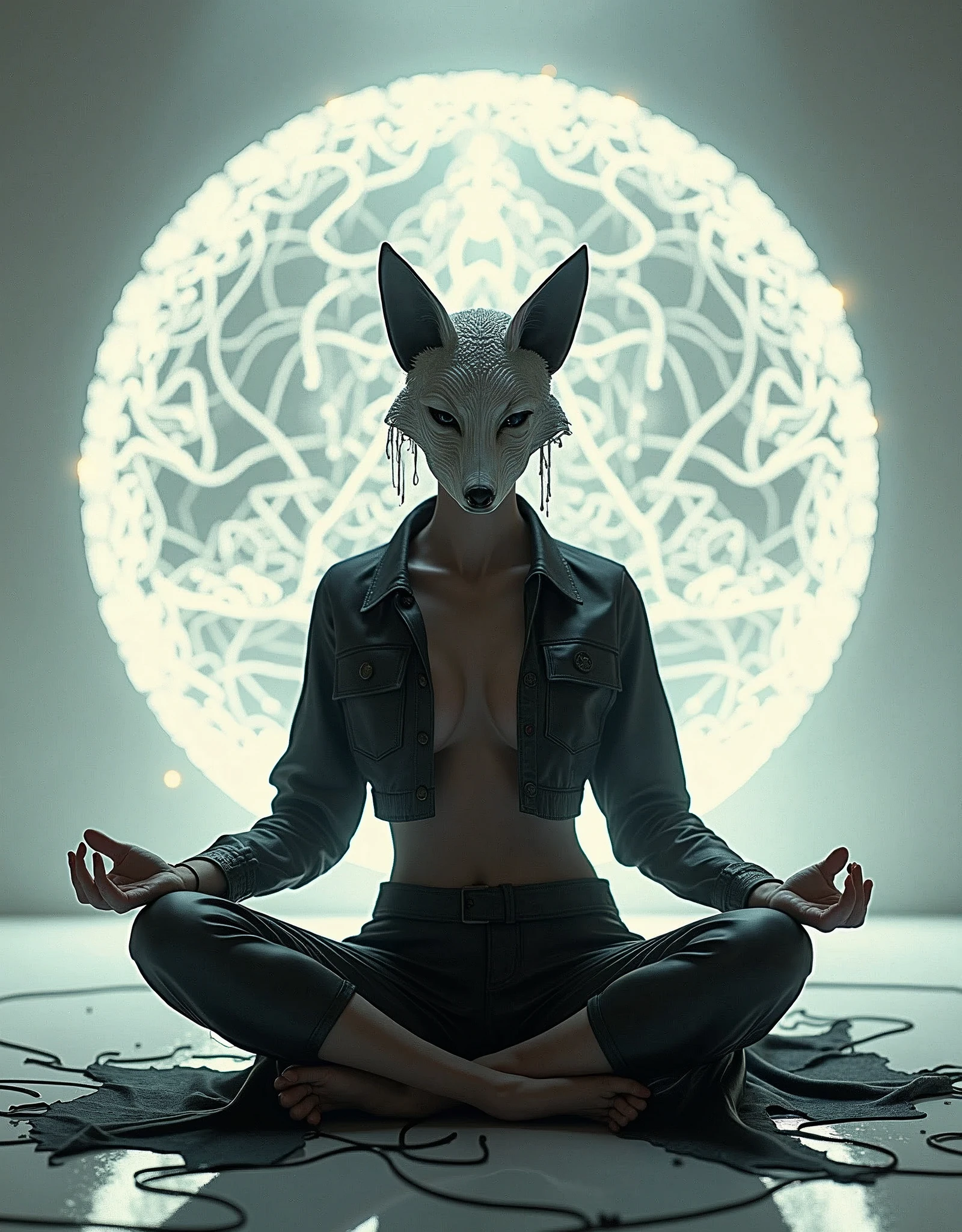 Lotus pose girl full body photography，Anatomically correct,Raw, Filming, (Be focused:1.5), (Reality:1.4), Dusk lighting, Volumetric Lighting, Ultra-high resolution, 16K,Dramatic Lighting, White background：1.5）（tangled，Mandala，dispute，Entanglement：0.7）Fox Demon，Fox Mask，short jacket, Foxfire Curse, fox family, Transformation, Depth of Field, Dreamy atmosphere, The most beautiful chaos, grace, Brutalist Design Dark Theme, Flower of Death, Flowers of ecstasy，Glowing Line,Glow Example，Tracking Example，flash， Backlight，translucent，Light Particles,HILL，exit
