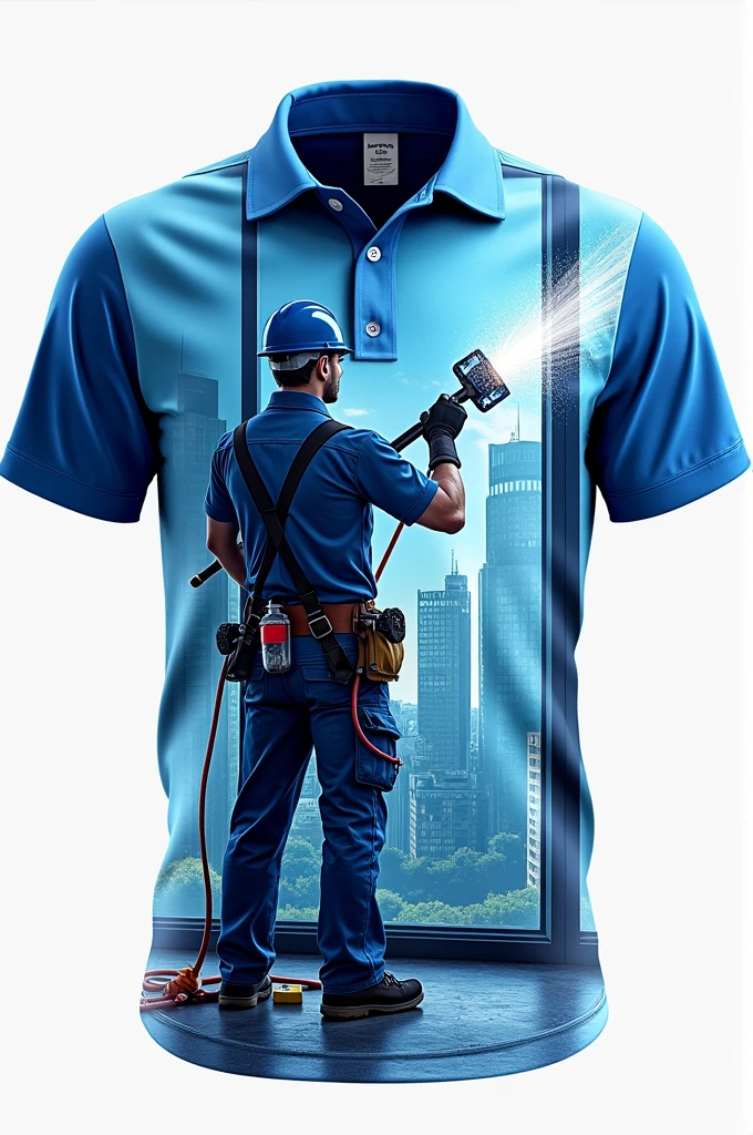 Give me an idea for a shirt template for a company that cleans windows with images of cleaning on the shirt blue colored shirt