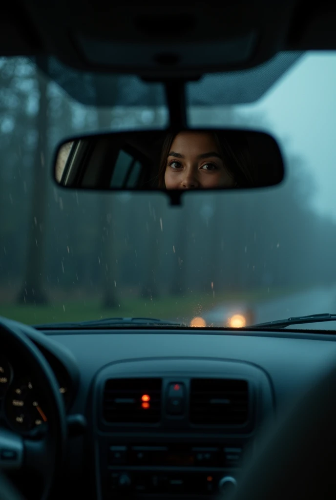 Take a picture from the perspective of a  who is in the back seat and looking in the rear view mirror, and in the mirror you can only see her, But your parents are in the front seat, But in the mirror it&#39;s like she&#39;s alone, she was smiling, and it was raining 