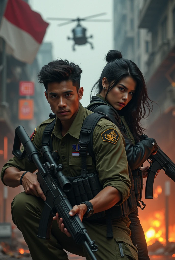 (POV). coupel,a handsome young man wearing army clothes (TNI indonesian) bearing the text "LD" small logo, muscle body, body facing the camera, With a squatting style in the middle of the road, and The beautiful and cute girls from Indonesian, beautiful round face, badass lady with black (hairstyle), (accessoris), dressing in military vest, While sitting squatting in the middle of the road,faintly facing forward,by the night city,there's fire, there's helicopters, with sniper-gun next her And the Indonesian flag is flying