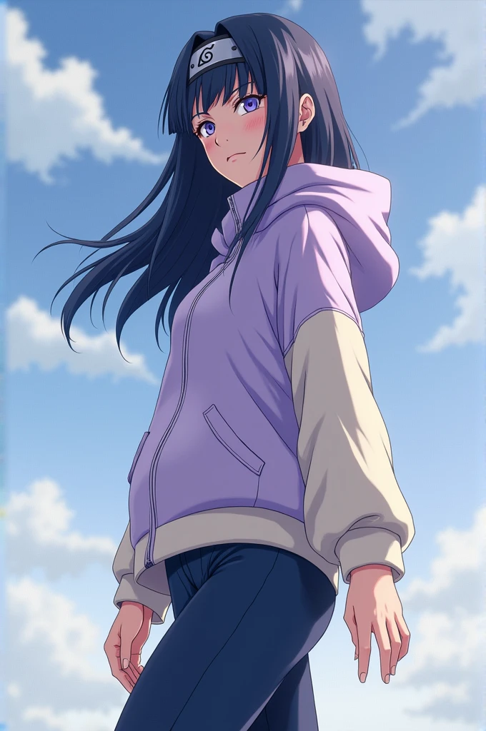 1 girl ninja Hinata hyuga from anime manga naruto shippuden , white skin, dark blue hair, long straight haircut, hime style, bangs, short shoulder-length locks, much more feminine, loose lavender hooded jacket, cream with lavender cuffs, Navy blue pants, black low-heeled sandals, ninja bandana around his neck, shy, byakugan eyes hyuga clan, eyes completely lavender white.