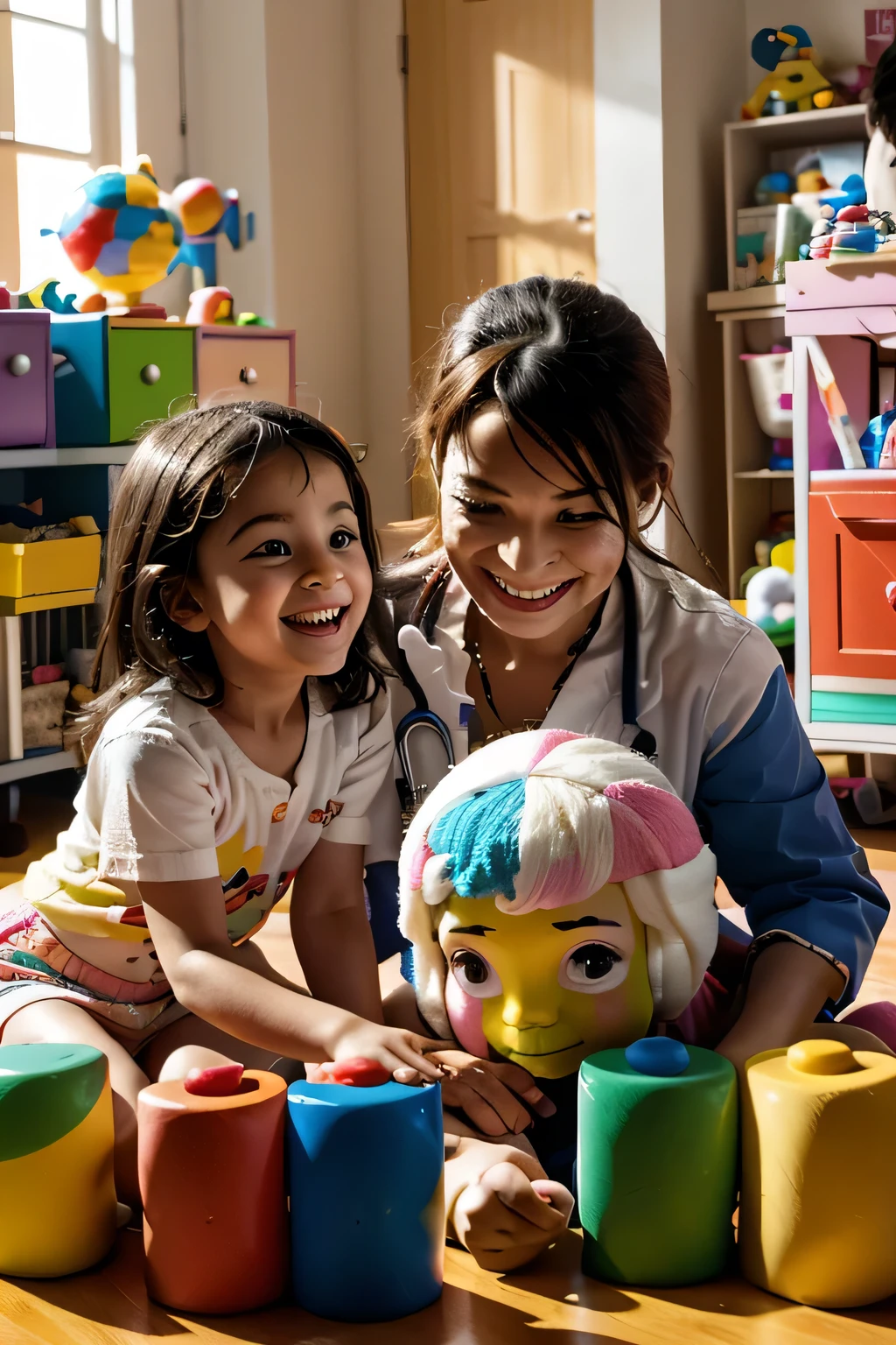 Create a colorful and cheerful image showing doctors, therapists, and psychologists interacting with children in a room filled with toys. The scene should be lively, with children smiling and playing with toys like blocks and stuffed animals. The professionals should look caring and happy, creating a positive and supportive atmosphere.
