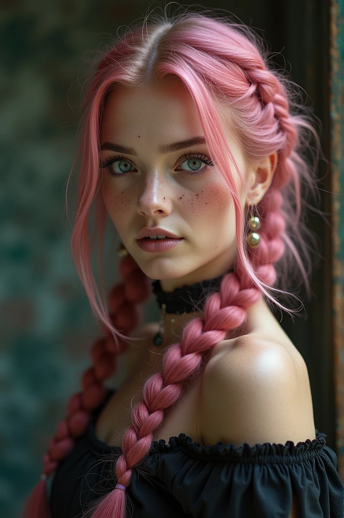 (Realisttic:1.2), analog photo style, Beautiful young woman, posing, with freckles and long pink hair braided, (steampunk dark fantasy atmosphere), soft natural light, cute and sexy, great quality, Masterpiece, detailed strange background, better performance, 16k quality, RAW photo