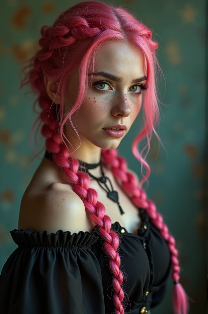 (Realisttic:1.2), analog photo style, Beautiful young woman, posing, with freckles and long pink hair braided, (steampunk dark fantasy atmosphere), soft natural light, cute and sexy, great quality, Masterpiece, detailed strange background, better performance, 16k quality, RAW photo