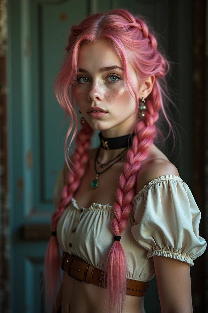 (Realisttic:1.2), analog photo style, Beautiful young woman, posing, with freckles and long pink hair braided, (steampunk dark fantasy atmosphere), soft natural light, cute and sexy, great quality, Masterpiece, detailed strange background, better performance, 16k quality, RAW photo
