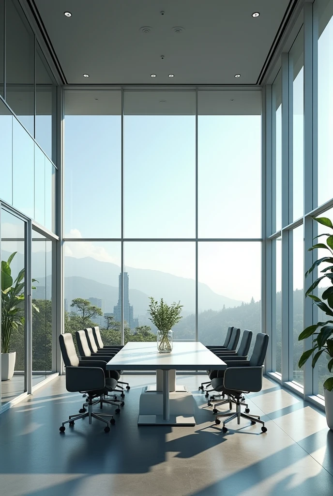 Create a small meeting room that is glass with a large window for 6 people
