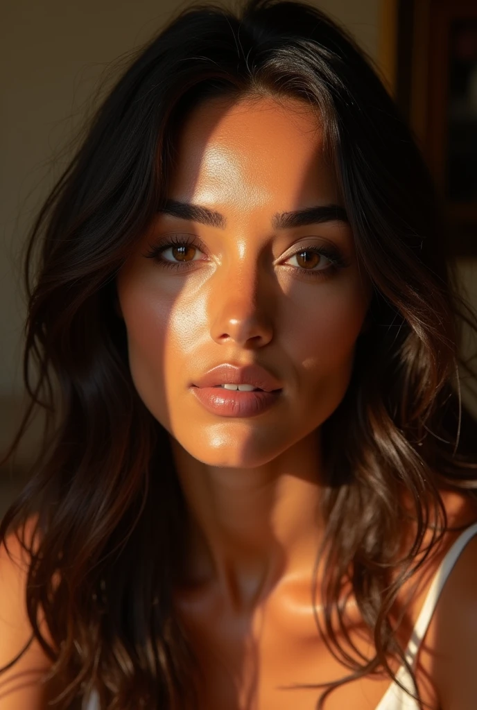 A beautiful Moroccan girl, dark brown eyes, 26 years old, almond shaped eyes, oval face shape, wavy hair, 170cm, 65kg, highly detailed face, detailed skin texture, ,natural lighting, dramatic shadows, warm color palette, portrait, realistic, photorealistic, 8k, masterpiece, Livingroom