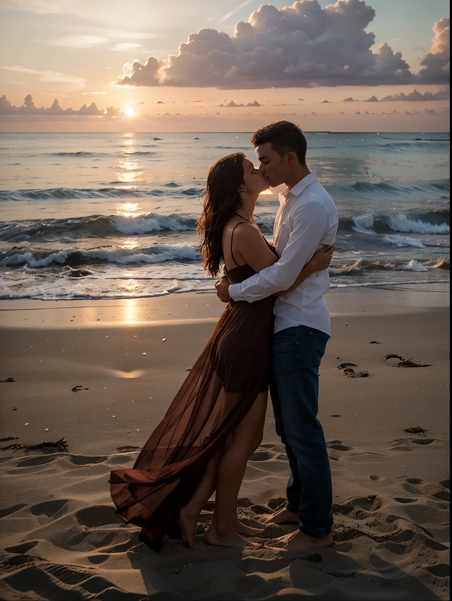 a couple kissing on the beach a little far away without looking at their faces with the sunset behind