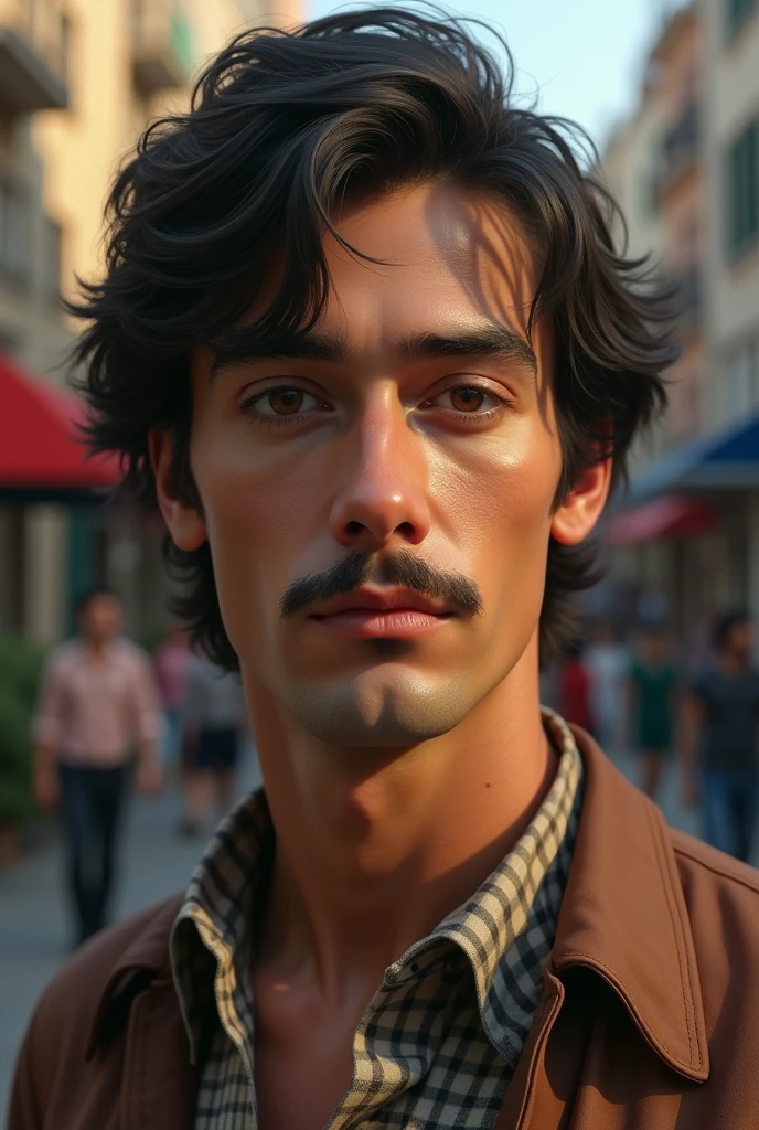 Man with small mustache, blackquality hair, simple social clothing . 1970s.