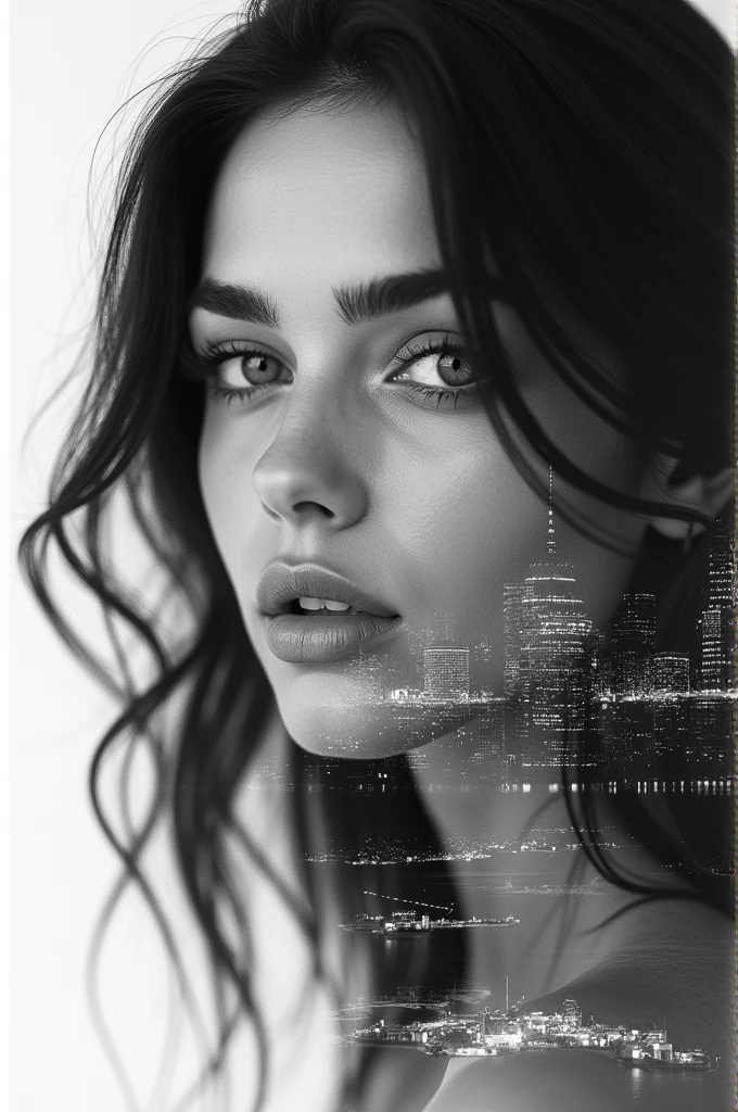 double exposure of a beautiful womans face looks straight in the camera, her skin is absolute clear and wonderful her hair black, the second part of the image is a large city, put the images together with a stroke in the middle, black and white photography, hyper realistic, ultra detailed, award winning photography