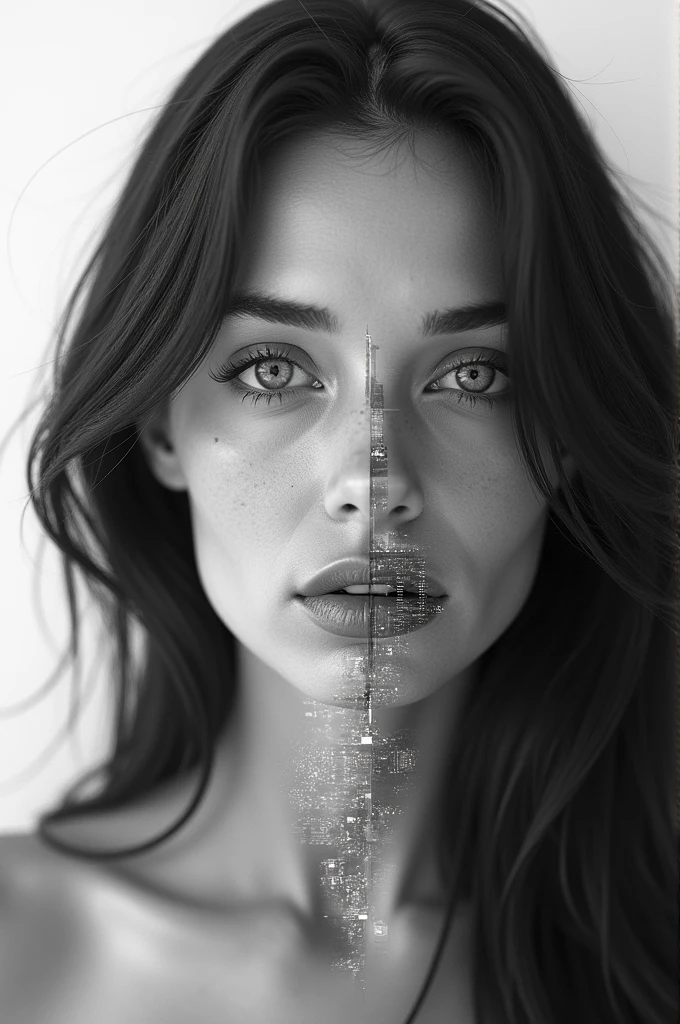 double exposure of a beautiful womans face looks straight in the camera, her skin is absolute clear and wonderful her hair black, the second part of the image is a large city, put the images together with a stroke in the middle, black and white photography, hyper realistic, ultra detailed, award winning photography 