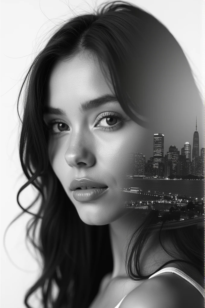 double exposure of a beautiful womans face looks straight in the camera, her skin is absolute clear and wonderful her hair black, the second part of the image is a large city, put the images together with a stroke in the middle, black and white photography, hyper realistic, ultra detailed, award winning photography 