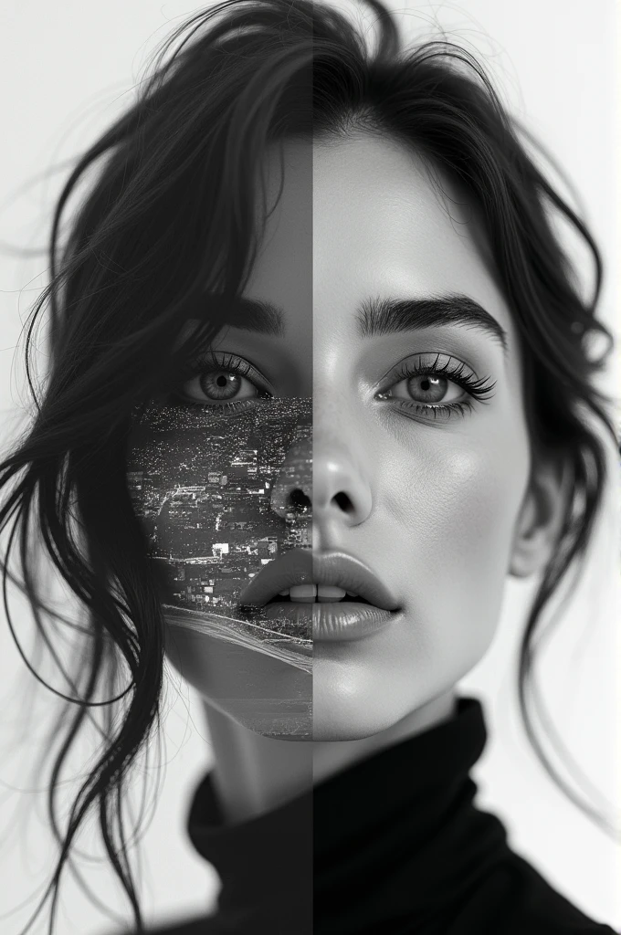 double exposure of a beautiful womans face looks straight in the camera, her skin is absolute clear and wonderful her hair black, the second part of the image is a large city, put the images together with a stroke in the middle, black and white photography, hyper realistic, ultra detailed, award winning photography