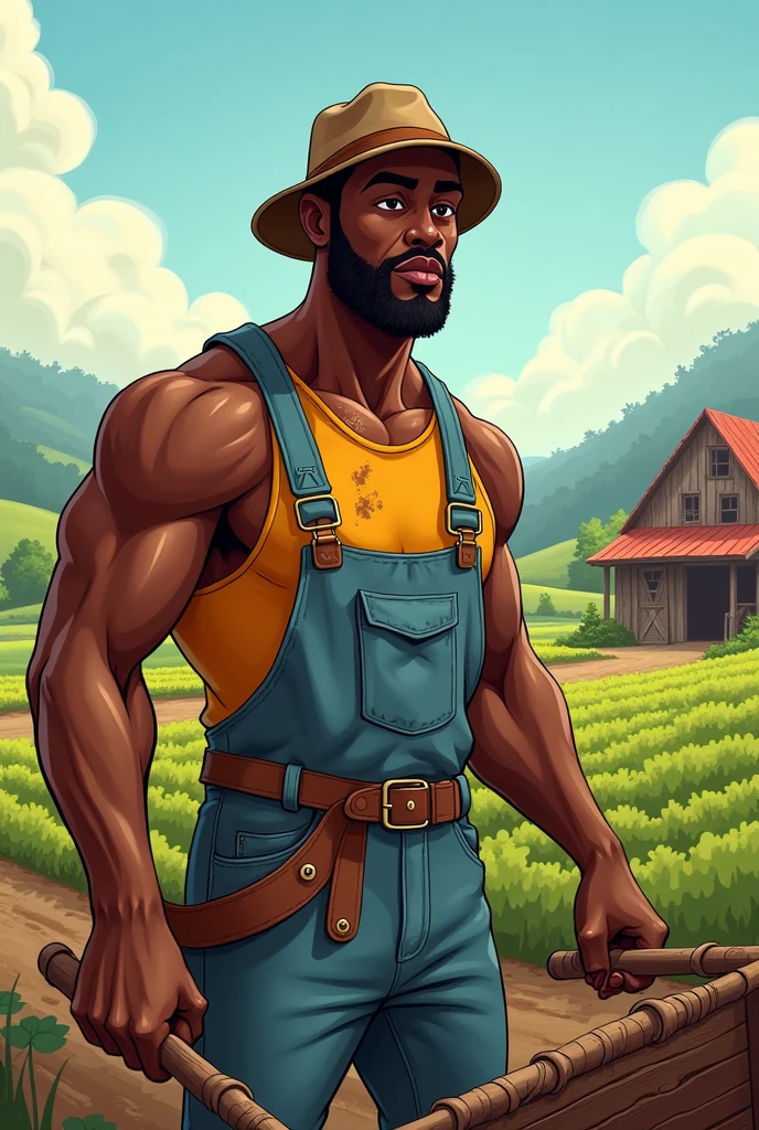 cartoon style, black skinned man, farm worker