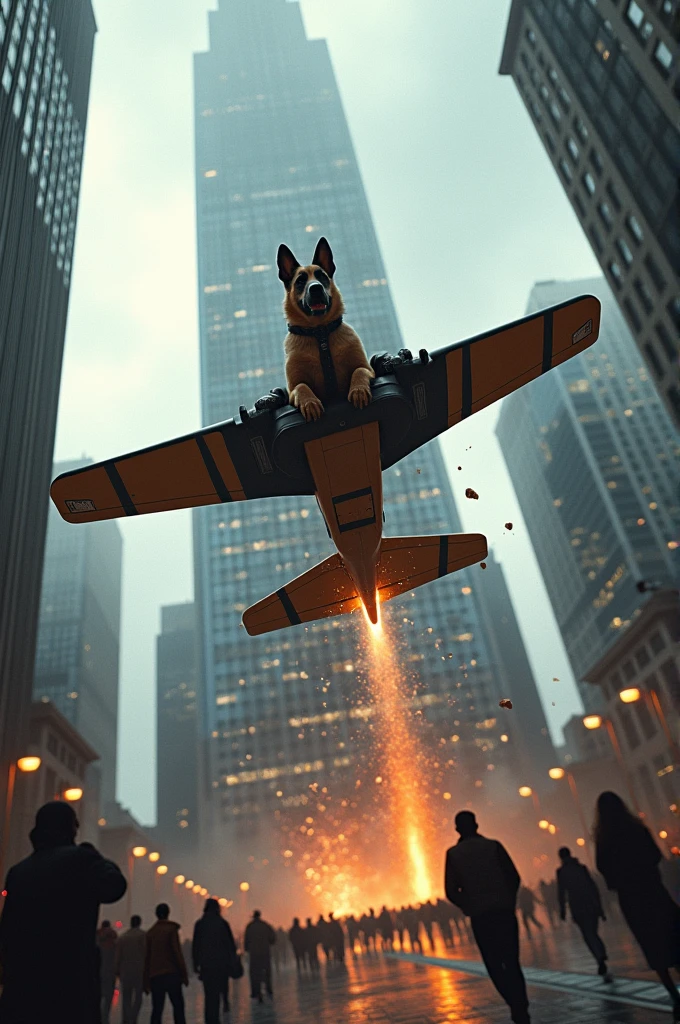 German shepherd crashing his plane into a tower