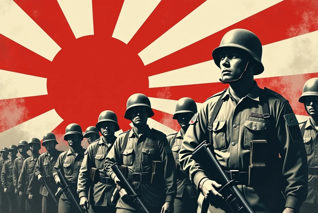 a Japanese military propaganda poster, calling on the population to recruit for war. ww2 style