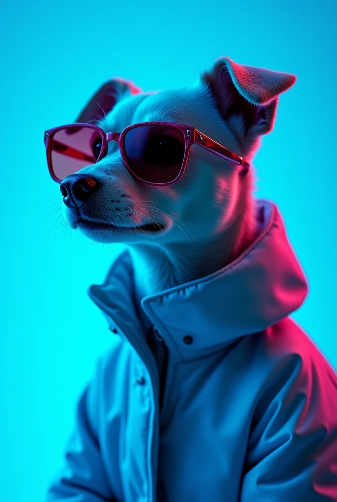 The best cell phone wallpaper, Award-Winning Wallpaper, portrait photography, In the front view is a portrait of a cute dog wearing mid-1960s space age fashion, Side view photo, Shot with Canon EOS R5, Set a strong contrast that accentuates the subject, Fluorescent blue tone, Wearing a very modern coat and sunglasses is a modern 1960s style, Clothes all in one color, beautiful background