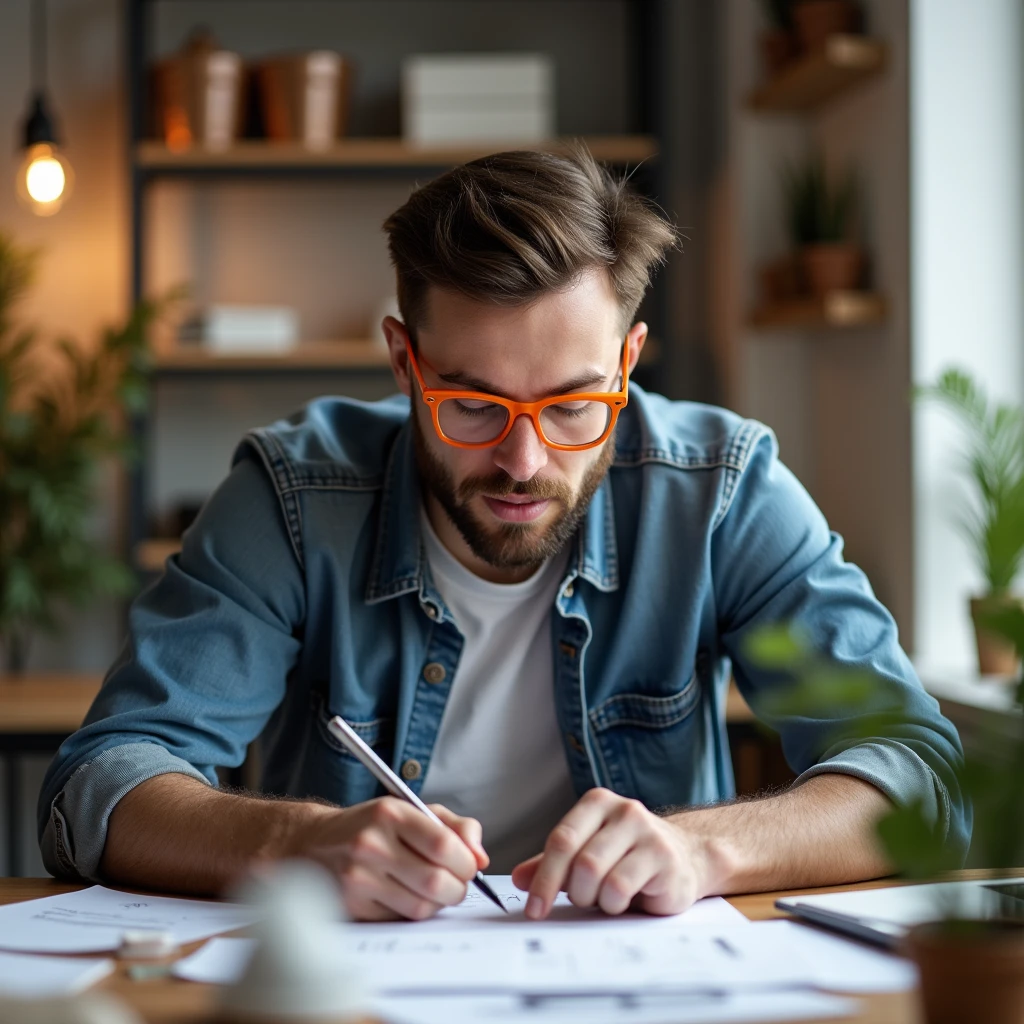 creative man wearing vibrant orange glasses sitting with his back developing his project at a table