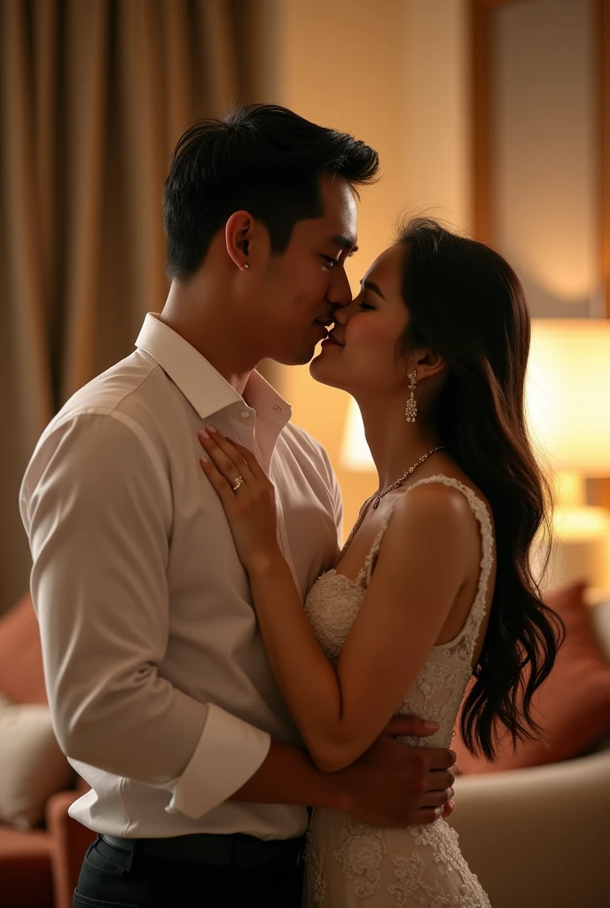 Photography of an Indonesian couple with a man holding his girlfriend's chest while smiling. The background is a very aesthetic, luxurious room complete with five-star hotel facilities.haypernaturalistic quality K65SUPER HD ultra shot sigma85 cannon on skin real details full body looks real 