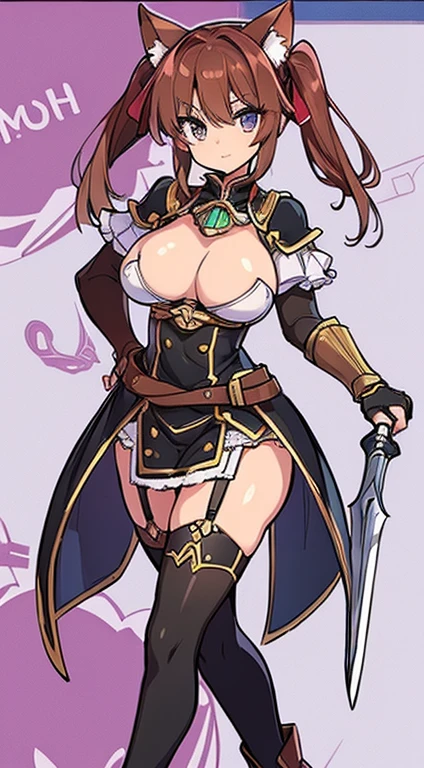 (((whole body:1.2))), (((Highest quality))) ,  woman, Reference Sheet, alone, 20years old, cute, 独奏, Swordsman, helmet, gladiator, breast plate, gloves, gauntlets, pussy, Big Breasts, ax, 大きなax, cat ears , Thigh height, Loin cloth only,  Medium Hair, Light reddish brown hair, parted bangs, 1girl,cute, garter belt, short boots, left hand on Hips, Twin tails