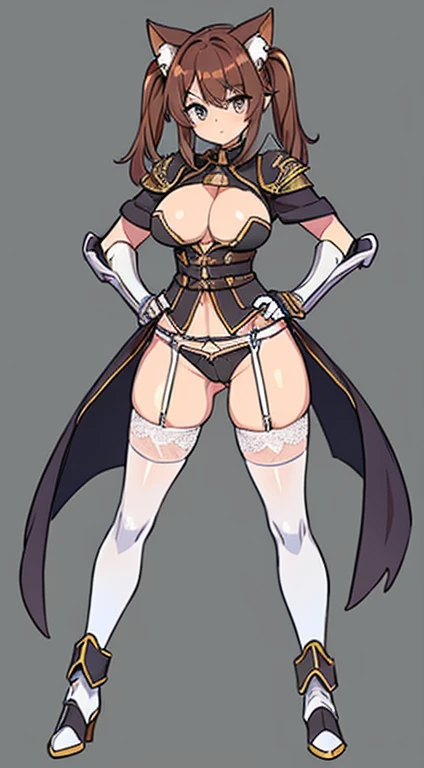 (((whole body:1.2))), (((Highest quality))) , woman, Reference Sheet, alone, 20years old, cute, 独奏, Swordsman, helmet, gladiator, breast plate, gloves, gauntlets, pussy, Big Breasts, ax, 大きなax, cat ears , Thigh height, Loin cloth only, Medium Hair, Light reddish brown hair, parted bangs, 1girl,cute, garter belt, short boots, left hand on Hips, Twin tails