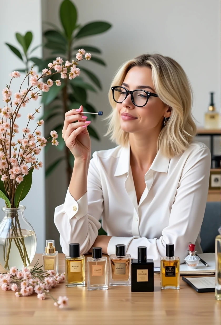 Image 32K blonde perfumer woman wearing glasses in white blouse testing perfumes in. On the table some different model perfume bottles and some flowers