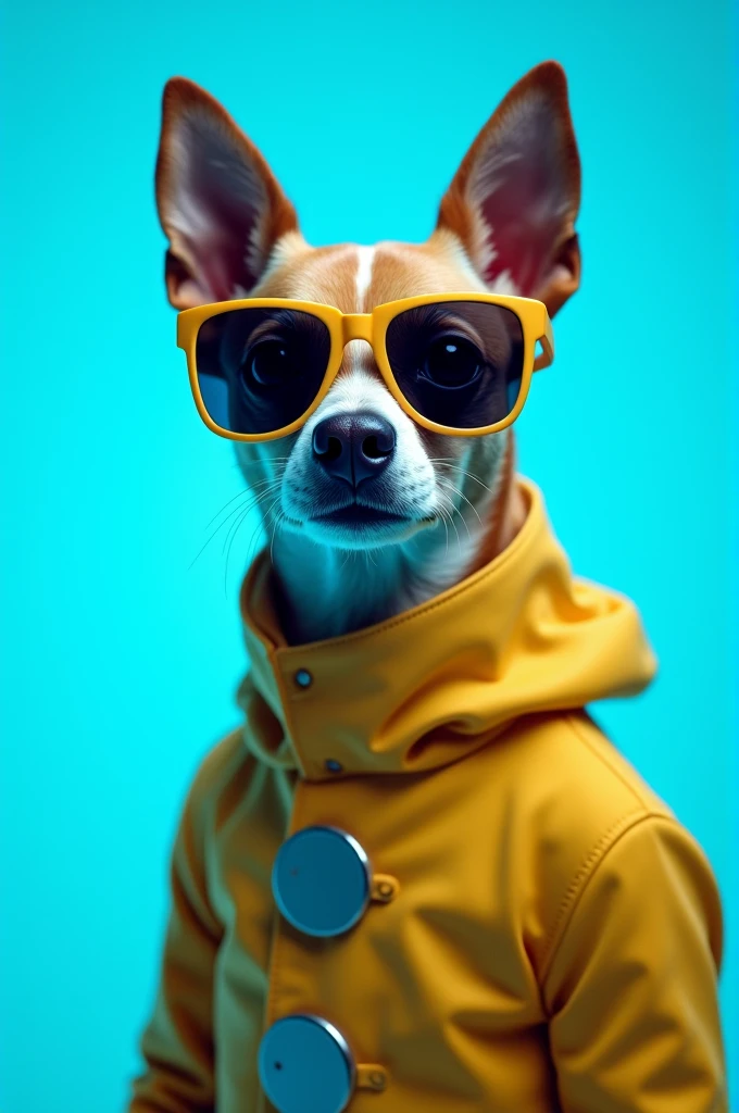 The best cell phone wallpaper, Award-Winning Wallpaper, portrait photography, In the front view is a portrait of a cute dog wearing mid-1960s space age fashion, Side view photo, Shot with Canon EOS R5, Set a strong contrast that accentuates the subject, Fluorescent blue tone, Wearing a very modern coat and sunglasses is a modern 1960s style, Clothes all in one color, beautiful background