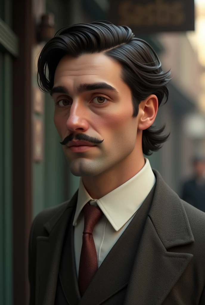 Man with small mustache, blackquality hair, simple social clothing . 1920s.