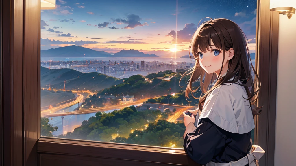 Girl looking out from observation deck at the top of the mountain、Brown hair, semi-long、You can see the sea and the city in the distance、Countryside at night、smile