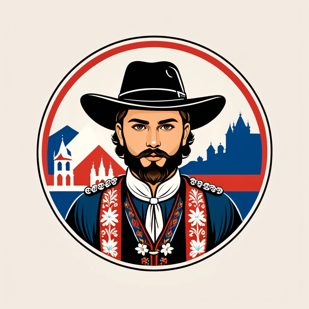 man in czech folk outfit, vector graphics, strong contours, logo design