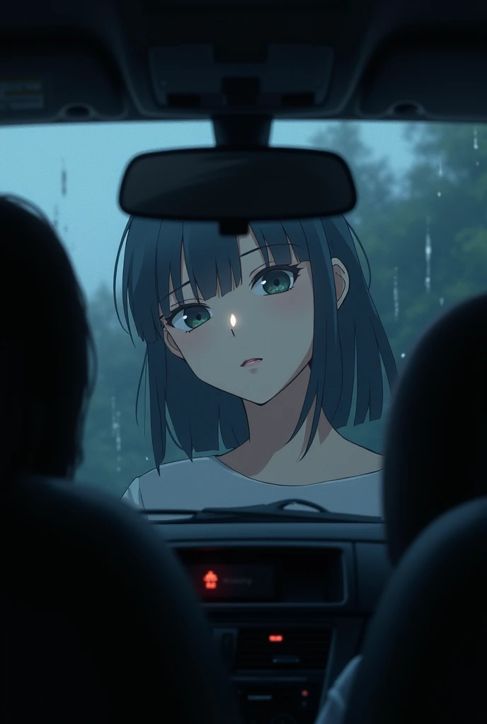 Take a picture from the perspective of a who is in the back seat and looking in the rear view mirror, and in the mirror you can only see her, But your parents are in the front seat, But in the mirror it's like she's alone, she was smiling, and it was raining. I need you to be able to see the back of her father and mother, which are leaning against the driver's and passenger's chairs