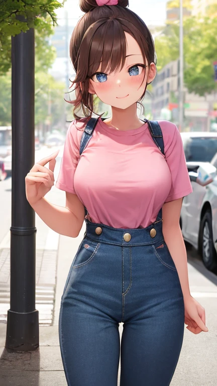 
a beautiful and cute girl, about . with large expressive blue eyes, light brown hair, fair skin. With dimples on her cheeks and pink blush. Hair tied with two buns and fringe with pink highlights. Basic white t-shirt. with dungaree-style denim branding. Pink sneakers. Cheerful girl.