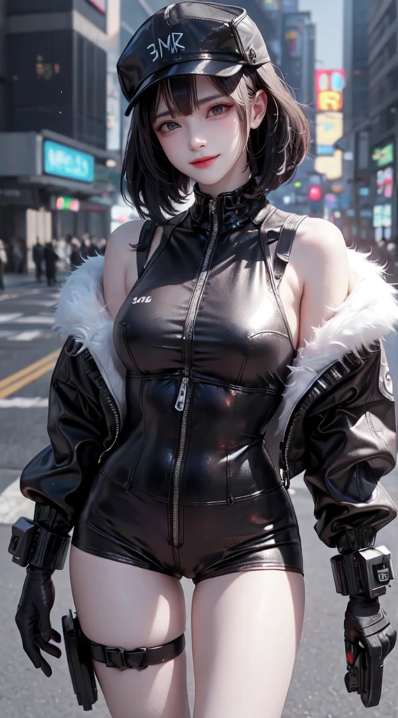 Beautiful woman medium hair, wearing cap, cyberpunk style short clothes