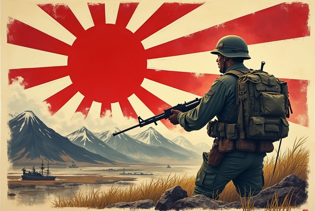 a Japanese military propaganda poster, calling on the population to recruit for war. ww2 style