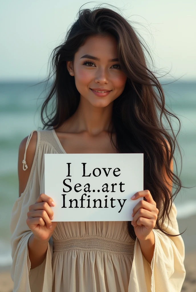 Beautiful girl with wavy long hair, bohemian dress, holding a white board with text "I Love Seaart Infinity" and showing it to the viewer