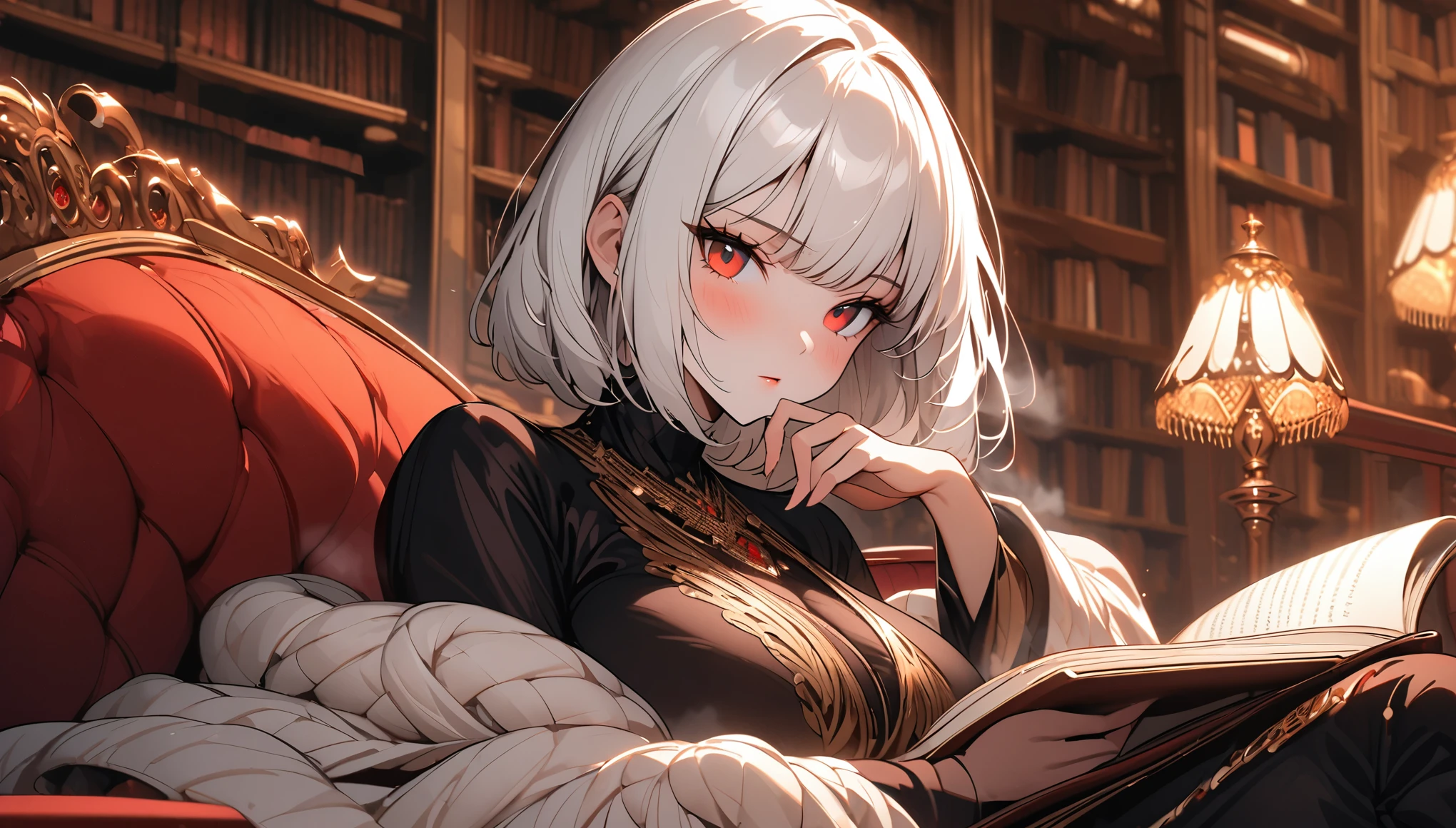female, solo, close up, white hair, red eyes, mansion, gold, luxury, very large breasts, short straight hair, bob cut hair, library, blush, reading, short, simple luxurious clothes, lamp, steaming coffee mug, sitting, looking at viewer, curious, shawl, comfy, pinup pose, lying on couch