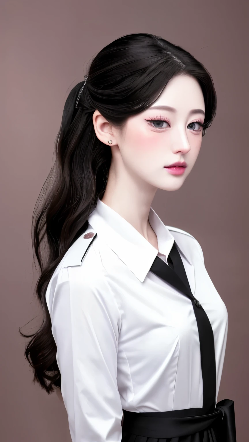 Ulzzang-6500-v1.1:0.2, 1 girl,Beautiful vintage colors, Instagram (photorealistic, high resolution:1.4), ((Bags under the eyes)), look at viewer, , full body (8ก, raw photos, best quality, Masterpiece:1.2), (realistic, photo-realistic:1.37),(Sharp focus:1.2), professional lighting, Photon mapping, ray, Physical rendering, (Pale skin:1.2),(small breasts:1.2), look at viewer, (medium hair:1.5), Portrait, purple eyes, (I'm a splinter.:1.1),smooth, (พื้นหลังที่smoothง่าย:1.4), alone, upper body, realistic,(Masterpiece:1.4),(best quality:1.4),(Shiny skin),Fashi girl,put on makeup,smile(thin,gag,shy :1.3) ,(stand,black stewardess uniform),Medium bust,sexy pose