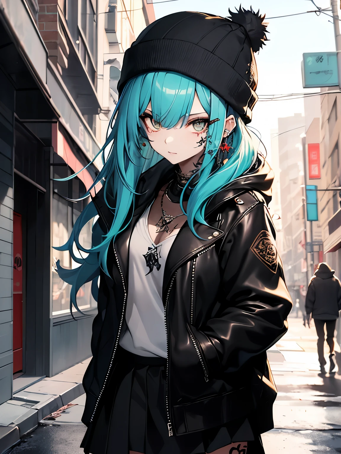 ((best quality)),((masterpiece)),((strikingly beautiful)), mature, 1girl, solo, high quality, masterpiece, skinny, long hair, messy bangs, black beanie, cyan hair, leather jacket, eyeliner, pale skin, necklace, neck tattoo, tattoo on neck, sidewalk, black skirt