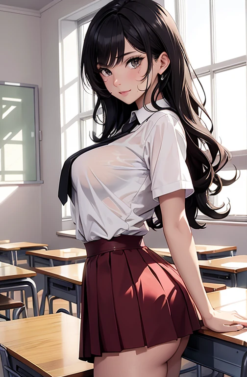 masterpiece, best quality, best lighting, shadows, perfect anatomy, 1 girl, adult anime girl, 21 years old, mature features, showing tits, bitchy face, pretty lips, pretty eyes, black wavy hair, black eyes, seductive eyes, blushing, flirty, pretty smile, tiny red skirt, wet white tight shirt, classroom background, ass, breast, thighs, seductive, spicy, hot, flirty, nsfw,
