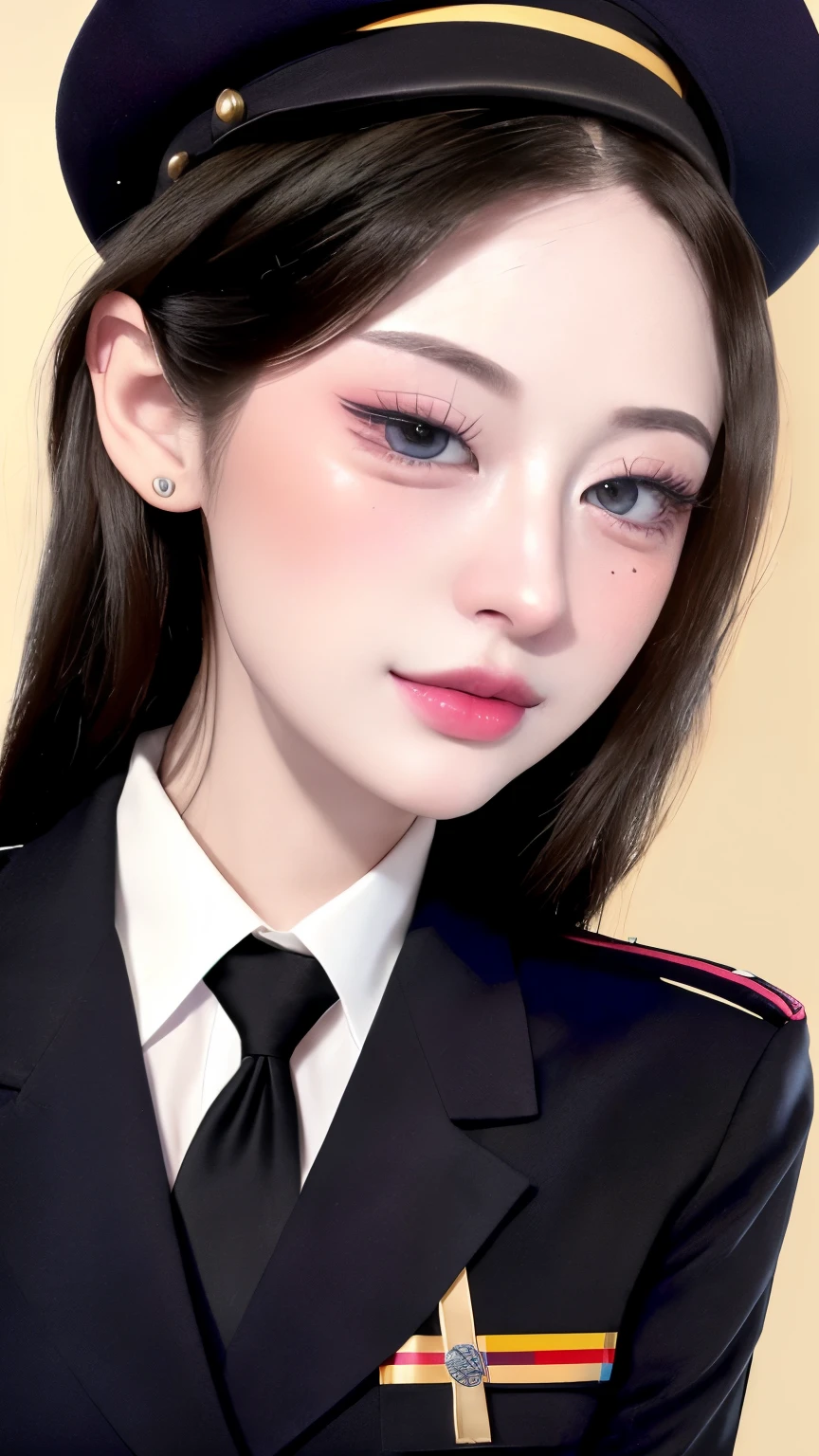 Ulzzang-6500-v1.1:0.2, 1 girl,Beautiful vintage colors, Instagram (photorealistic, high resolution:1.4), ((Bags under the eyes)), look at viewer, , full body (8ก, raw photos, best quality, Masterpiece:1.2), (realistic, photo-realistic:1.37),(Sharp focus:1.2), professional lighting, Photon mapping, ray, Physical rendering, (Pale skin:1.2),(small breasts:1.2), look at viewer, (medium hair:1.5), Portrait, purple eyes, (I'm a splinter.:1.1),smooth, (พื้นหลังที่smoothง่าย:1.4), alone, upper body, realistic,(Masterpiece:1.4),(best quality:1.4),(Shiny skin),Fashi girl,put on makeup,smile(thin,gag,shy :1.3) ,(stand,black stewardess uniform),Medium bust,sexy pose