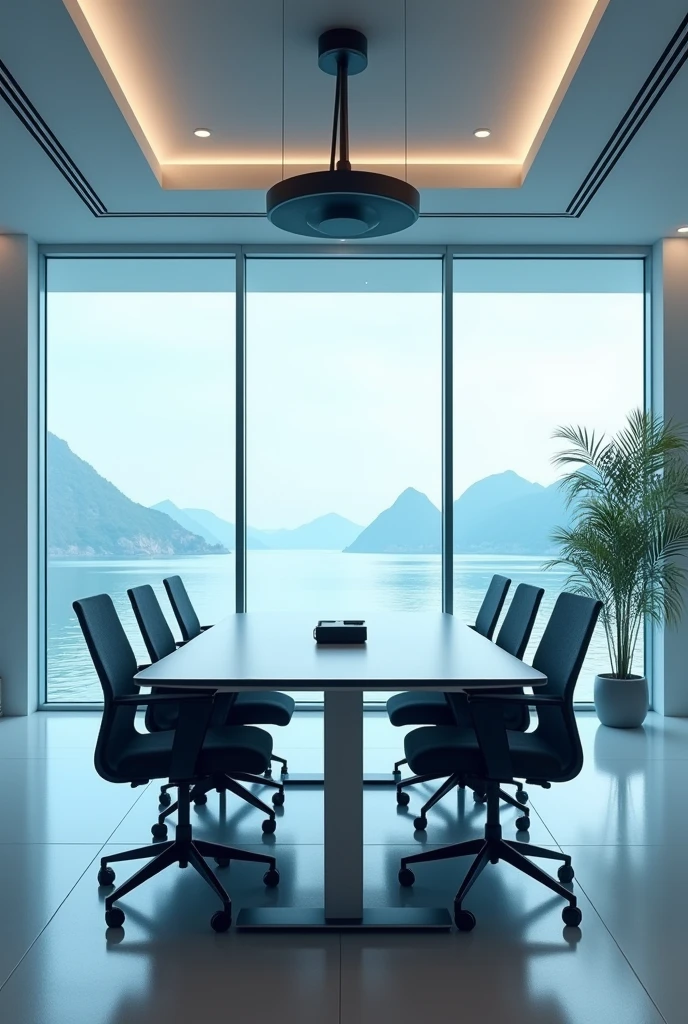 Create a water meeting room, with a window, and it is for six people, with a projector and wheels
