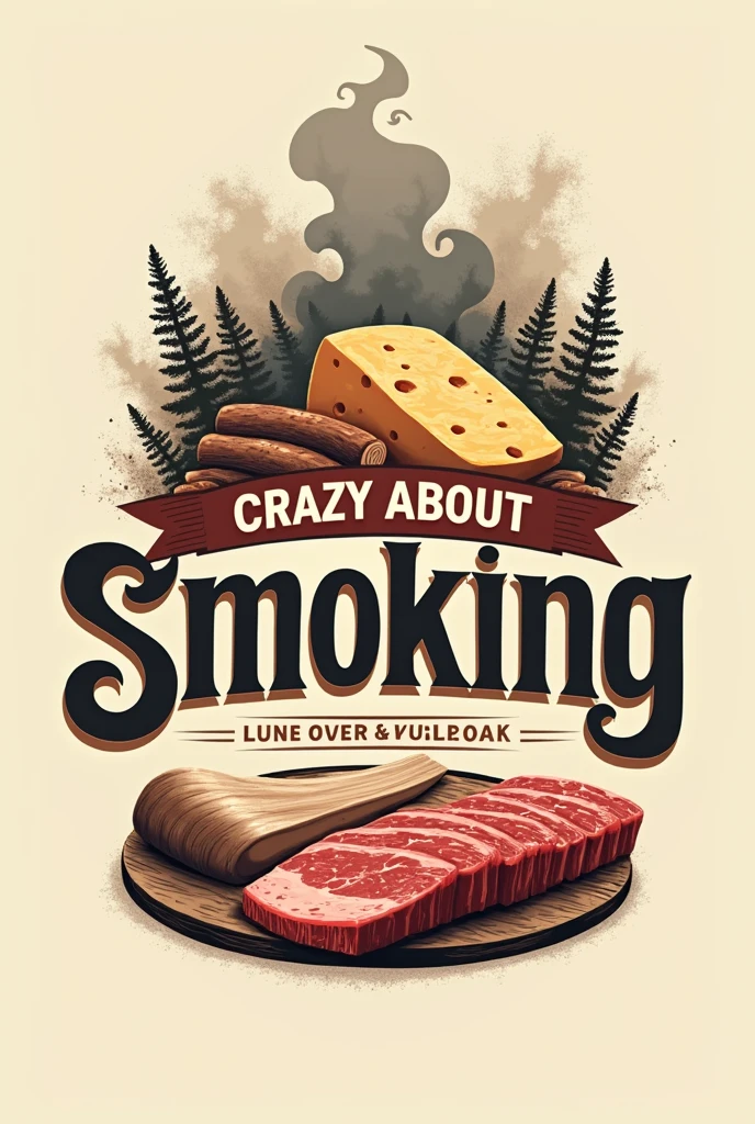 I want an image or logo that says crazy about smoking, and what has to do with firewood, beef, pork smoked cheeses brown, I want it to be modern and I want the name to be written in modern font