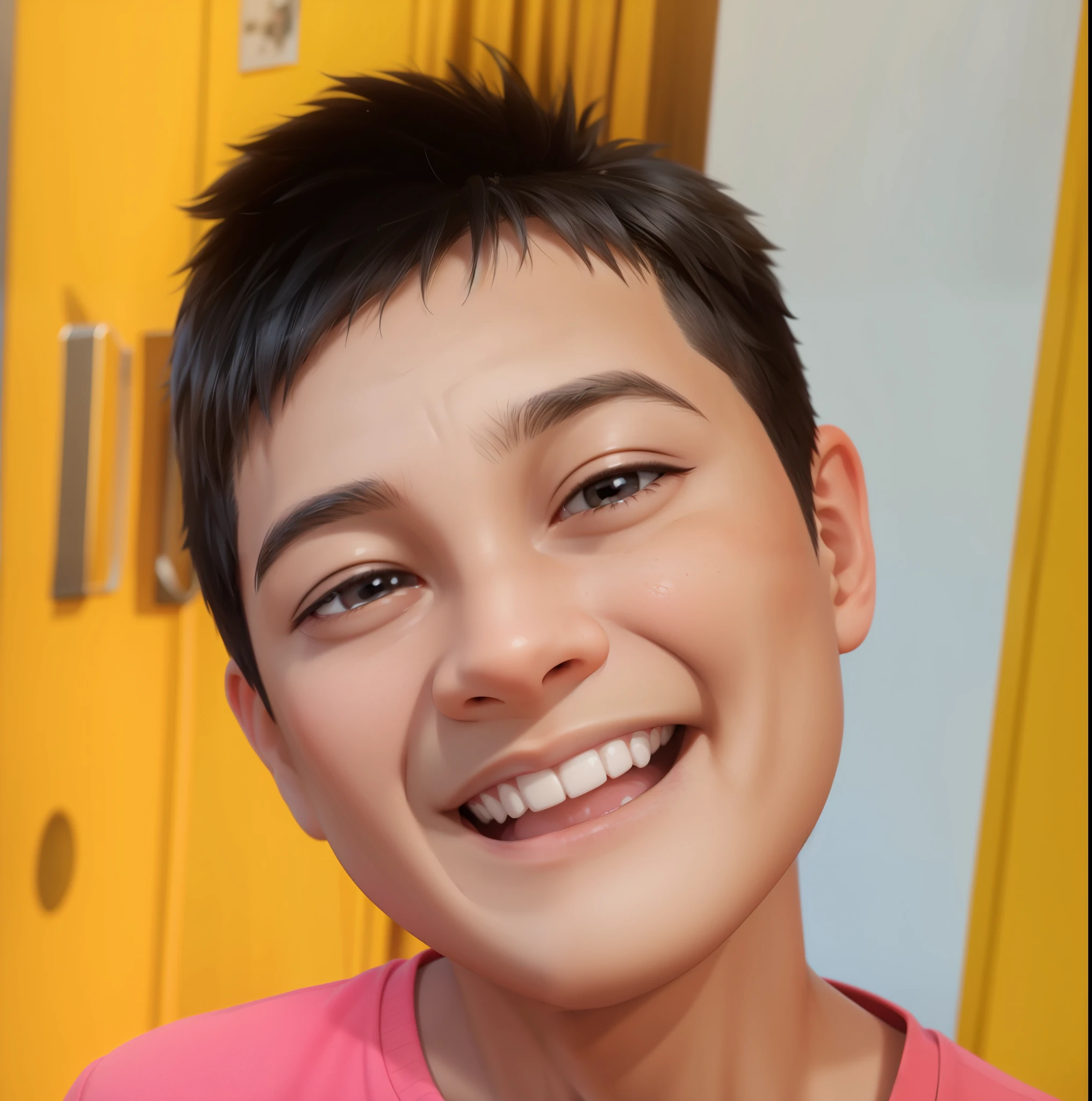 A boy 8 years old, beautiful black hair, half body, smiling cheerfully, portrait, 3D cartoon, realistic, detailed skin, natural skin, unreal, 